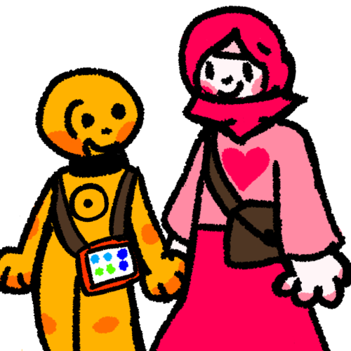 a yellow person with the disability sun on their chest holding the hand of a taller white person wearing a pink hijab, a light pink long sleeved shirt, and a long pink skirt, with a pink heart on their shirt. The yellow person has an aac device strapped on while the Caregiver has a brown bag.